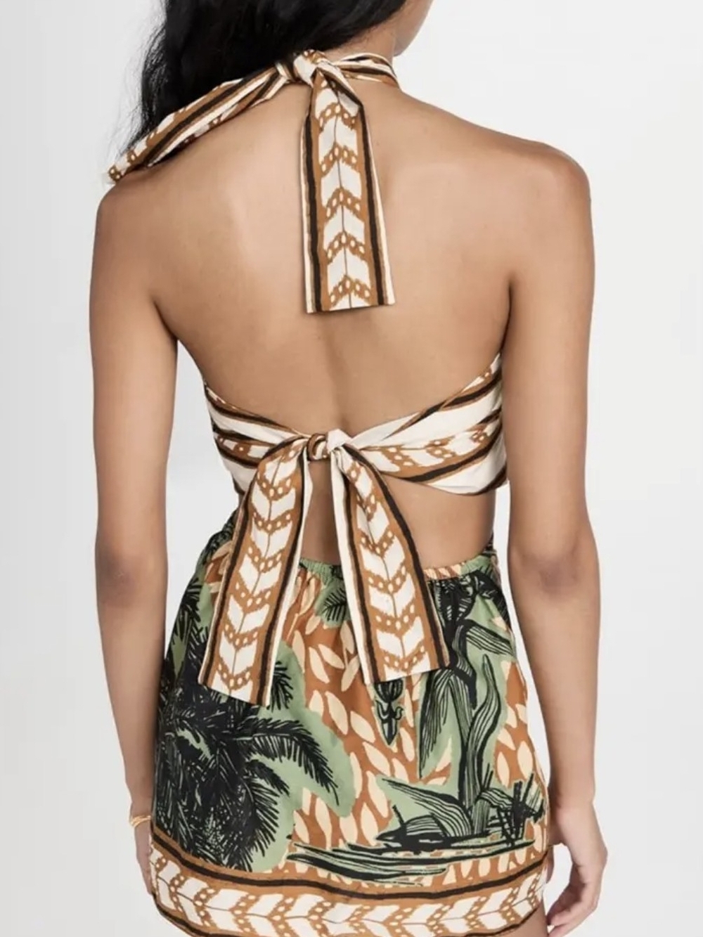 Johanna Ortiz Reminders of Paradise Mini Dress in Chocolate Toile and Greenery